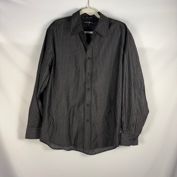 Beverly Hills Polo Club Mens XL Gray Black Striped Button Down Shirt - Picture 1 of 9